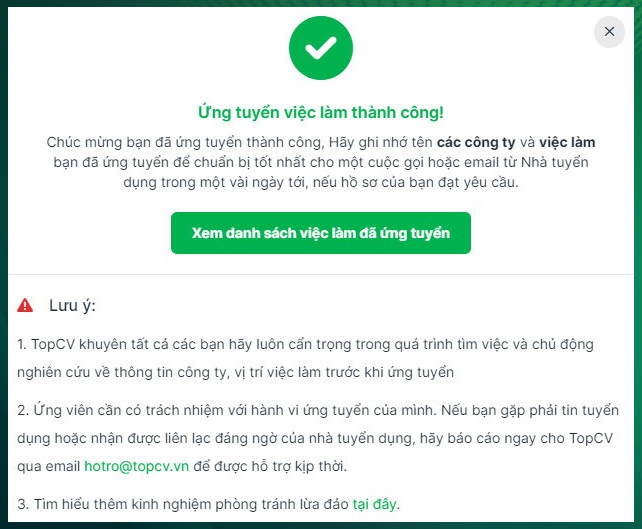 Tăng thêm điểm chạm phòng chống lừa đảo tại thông báo ứng tuyển thành công